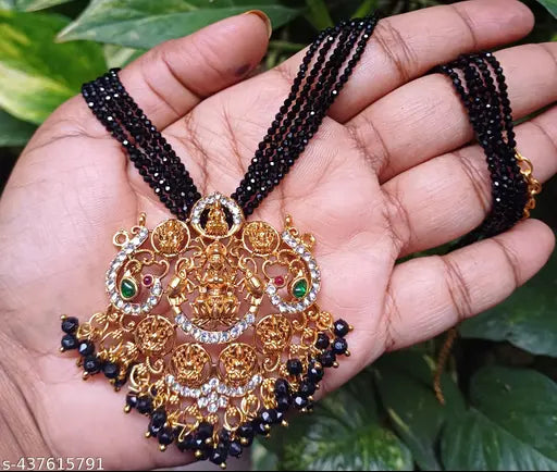 ONE GRAM GOLD PLATED MATT FINISH ASHTALAKSHMI LOCKET PENDANT WITH FIVE LINES BLACK BEADS CHAIN TEMPLE JEWELLERY BIG SIZE LOCKET NECKLACE