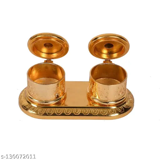 SKSM METAL DECORATIVE  HALDI KUMKUM BOX FOR TILAK HANDCARVED OXIDISED FINISH Double Dabbi Shape Roli Rice HOLDER  | Chandan Chawal Akshat CONTAINER FOR HOME TEMPLE | Haldi Kumkum BOX FOR RAKSHABANDHAN POOJA ARTICLE POOJA ACCESSORIES | HOME DECOR | FESTIVE