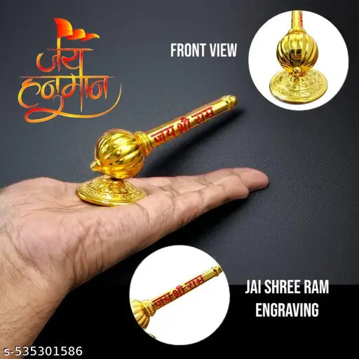 Lord Shree Hanuman Ji Big Gada with Jai Shree Ram Engraving Idol for Mandir Pooja Room Home & Office Decor, Bajrangbali Sankat Mochan God Idol for Car Dashboard (Golden - Metal Gada)