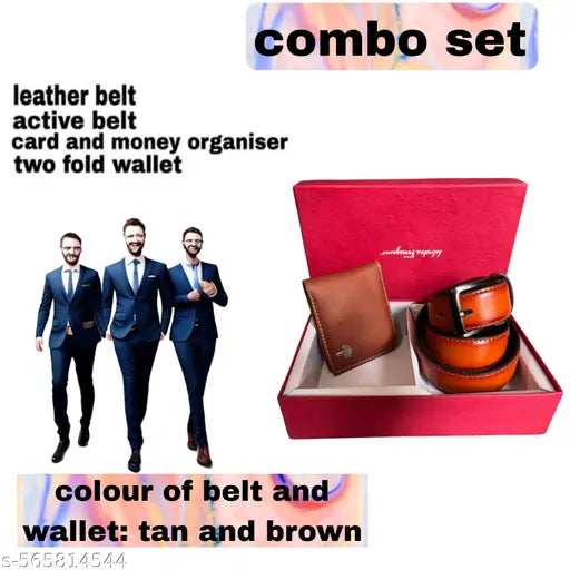 Combo tan leather belt and wallet