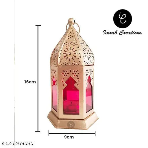 Iron Decorative Moksha Hanging Lantern Tealight Candle Holder (Golden, Red)Morrocan Iron Lantern Tealight Candle Holder with Red Colour Glass for Home Decor