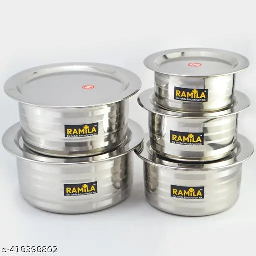 Stainless Steel Patila Set With Lid Flat Bottom Induction & Gas Stove Friendly Tope / Patila / Cookware Set (5 Pieces, 2000ml,1500ml,1000ml,750ml,500ml)