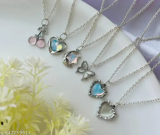 Pack Of 6 Classy Aesthetic Silver AD Charm Pendant Necklace Set For Women And Girls . | Accessories | Gift | Korean | Minimal | Neckpiece | Aesthetic Jewellery | Trendy Pinteresty Necklaces | Necklace Combo