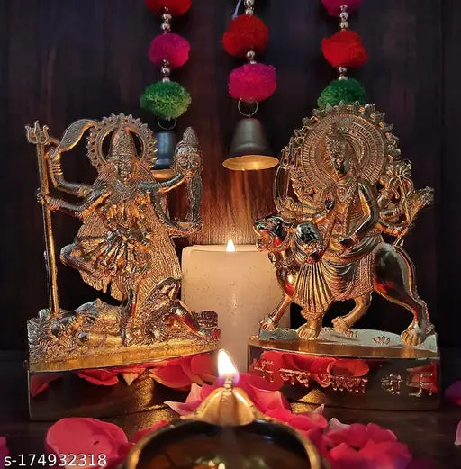 Durga and Kali Auspicious Indian Idol Combo for Car Dashboard Mandir Pooja Murti Temple Puja Home Decor Office Showpiece Set of - 2- Golden