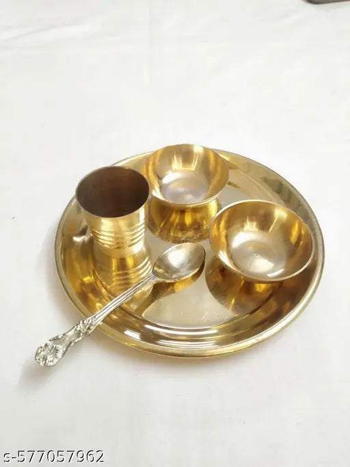 Leepax Brass Pooja Thali Set | Brass Pooja Traditional Bhog Arti Thali Set/Bhog Bartan/Prasad Bartan Small Utensils Set of 5 Pcs Plate, Spoon, Glass & 2 bowls Ideal for Home, Office, and Temple