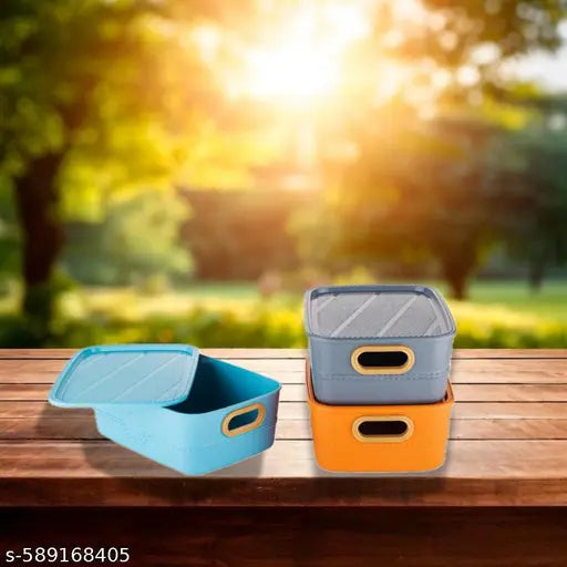 Plastic Multipurpose Solitaire Storage Basket with Lid|Side Handles & Wovan Design|Size 28 x 21 x 11 CM|Pack of 3 (Multi)