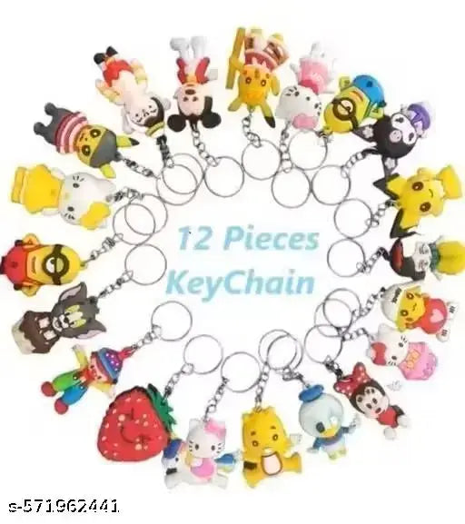 Cartoon Keychain Pack of 12 PCS for Kids, Multicolour, Rubber, Cartoon Theme, Novelty Style, Key Ring Hook Holder