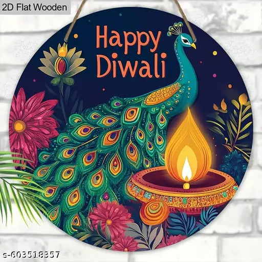 Bellu Diwali Wooden Sign with PeaRooster Pattern - Happy Diwali Round Sign for Yard Door Wall Hanging Decor Ideal Diwali Festival Decoration, Festive Home Decor, Traditional Design, Natural Wood Finish, Cultural Celebrations 8 inch