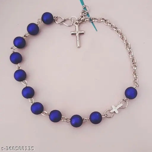 M Men Style  Religious Baptism Catholic Rosary Small Crystal Cross Bracelets for Women Men Crucifix Prayer Beads Christening Communion Party Gift Blue SBr202337