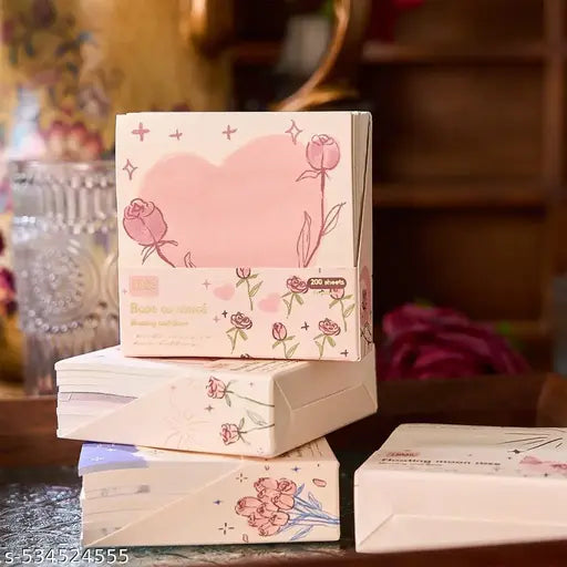 Romantic Sticky Notes Set, Multicolour, Over 200 Rectangular Self - Stick Memo Pads with Delicate Heart, Rose & Butterfly Designs for Journaling, Office, Creative Projects (Pack 1)(Multi Color)