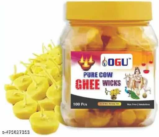 OGU Ghee Diya Batti 100pcs| Handmade Ghee Diya Batti, Jyot Batti for Pooja Aarti and Special Occasions , Premium Quality Ghee diya cotton Wick