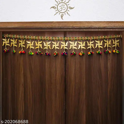 Neel Shobha Enterprises Handcrafted (Combo of 2) Golden Swastika Toran & Pair of Elephant Latkan with Colourful Pumpum,Best Trending Ethnic Design Toran for Your Main Door & Bandhanwal for Home Decor (Toran -3 Feet)(Combo of 2) (Latkan H=26 & L=1 Inch) (1