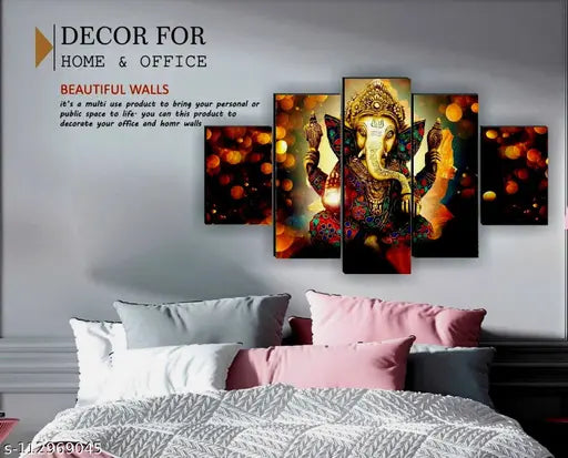 Set Of 5 Lord Ganesha Wall Painting For Living Room /Modern art self adeshive Home decorative gift item , office , hotel MDF framed painting 17 x 30 inch