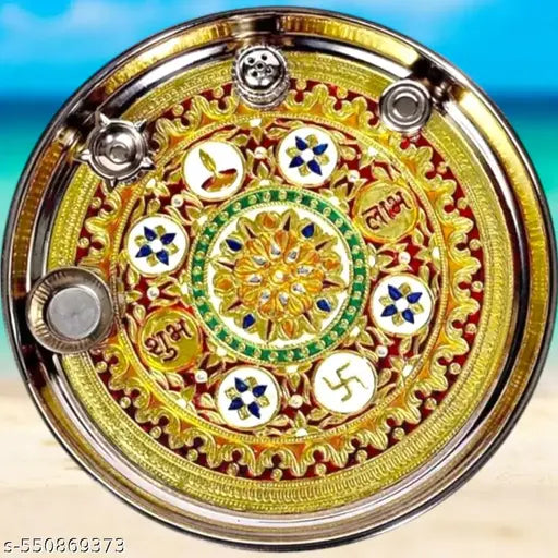 RBM  Meena Pooja Thali (pooja plate, katori, agarbatti stand, diya, dhoop batti) In Pack Of 1 Silver  (Multicolor)