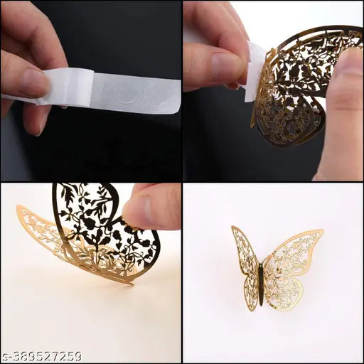 12pcs 3D Gorgeous Shiny Gold Butterflys Stickers with Sticking Pads- (Golden, Set of 12)