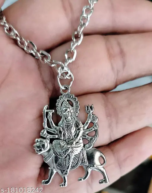 Silver Plated Goddess Durga Sherawali MATA Locket Pendant Necklace Spiritual Religious Jewelry for Men and Women