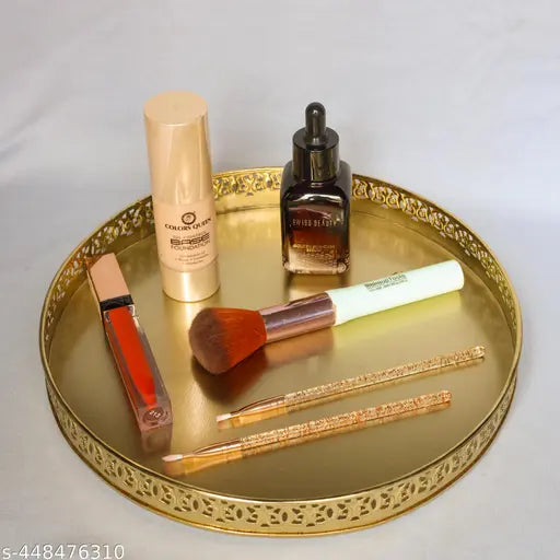 Gold Plated Round Decorative Metal Vanity Tray for Weeding and Diwali Pooja Gifting Trays 10" Dia