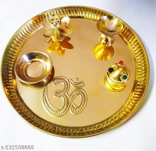RAINBOW TRADERS Pooja Thali Set Big Size | 8.2 inch Brass Plate for Puja | Golden Thali for Pooja Plate | Puja Ki Thali | Pooja Thali Brass for Home & Festivals