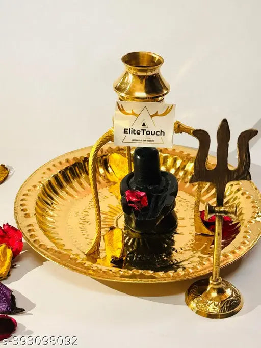 .ELITETOUCH. Marble Stone Shiva Lingam Set Stand and Abhishek Lota Kalash with Swastik Symbol on Brass Plate for Lord Temple Pooja (Black) Puja Articles | Shivling idol | Brass Shivling stand for jalabhishek | Shiva idols | Brass Puja Plate Thali | Shivra