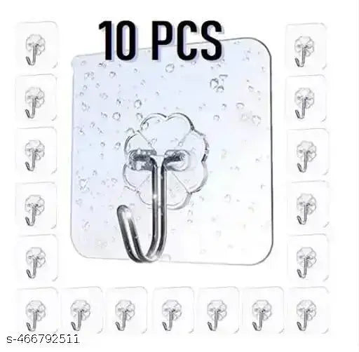 Hooks & Wall Hanger Without Drilling, Adhesive Wall Transparent Hooks for Wall Heavy Duty Extra Strong, Nail Free, No Need Drilling, Hanging, Barthroom & Kitchen Accessories, Office (Pack of 10)