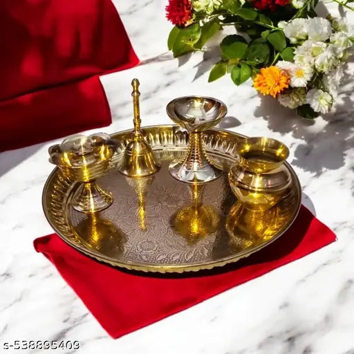 Divine Bazaar Pure Brass Pooja Thali Combo Set – 5 Pcs | 18 cm Thali, Diya, Bell, Kalash & Incense Holder | Traditional Puja Essentials