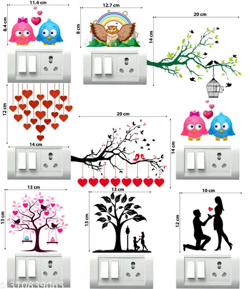 PVC Switch Board | Wall Sticker for Living Room -Bedroom - Office - Home Hall Decor | Beautiful Decorative Birds Wall Sticker size 32.5 cm x 48 cm Pack of 9