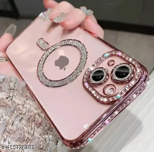 i-phone 15 Clear Magnetic Diamond Glitterr Case with Full Camera Protection Rhinestone Luxury Plating Bling Transparent for Magsaf Women Girls Cute Phone Case Cover (Pink)