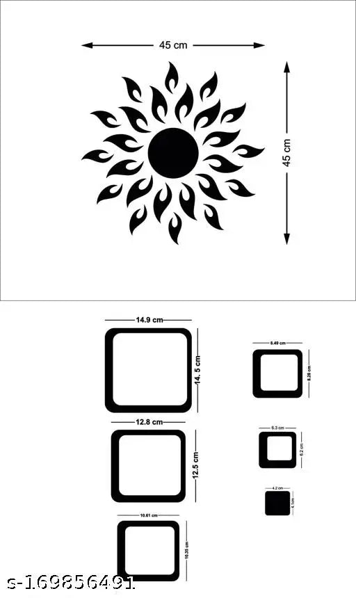 Sun With 12 Square Golden (Sun Size 45 cms x 45 cm) mirror stickers for wall, acrylic mirror wall decor sticker, wall mirror stickers, wall stickers for bedroom.