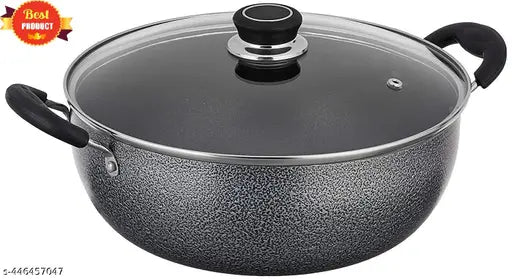 Glass lid kadhai, glass lid kadai, nonstick kadai, pot and pan set, nonstick cookware set kadhaiKadhai Non-Stick with Glass Lid Pot ,Handi Sat,Fry pan(new)handi fray pizz pan kadhai