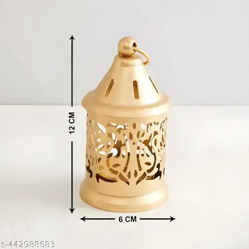 Moon International Luxury Golden Lantern Set of 2 Gold Decorative Lighting Stylish Lantern Design Gold Table Lantern Metallic Lantern Diwali & Navrat Decoration T light holder for Home Decor / Office Decoration / Diwali Gifs / Best for Anniversary.