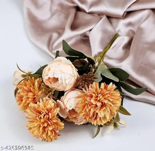 PRAJNA 1 Bunch Artificial Dahlia Peony Flowers for Home Decor, Gifting, Office, Living Room, Bedroom, Event, Birthday, Festival, flower decoration, functions, Wedding Decoration Items, valentine Decoration (without Vase Pot) (Orange)