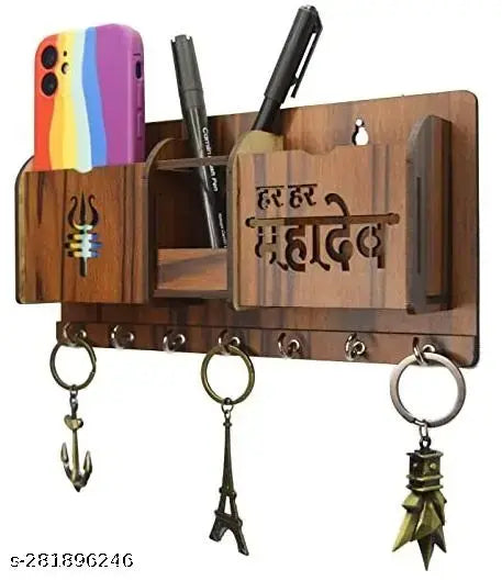 RA DESIGNER Har Har Mahadev MDF Wood Key Holder (7 Hooks, Brown
