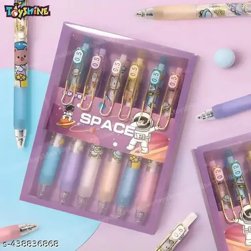 Toyshine Pack of 6 Space Teddy Gel Pens | Cute Fancy Fine Point Pen for Office Stationary School Supplies Birthday Party Favor Return Gift - Gift Packing