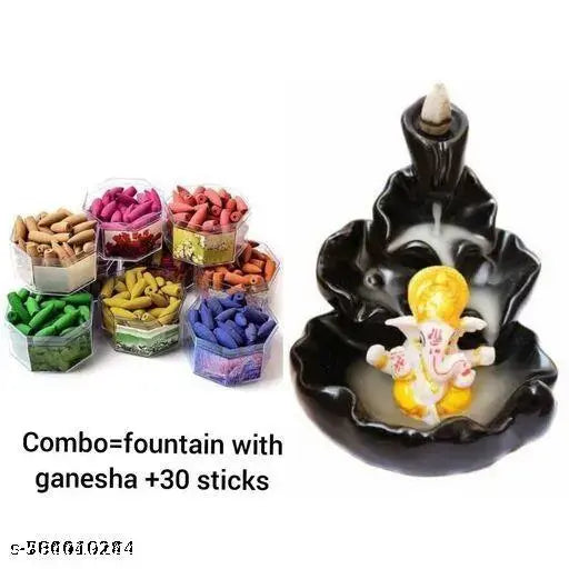 Arohi Enterprises Combo of Handcrafted Backflow Smoke Fountain Incense Holder lord Ganesha Idols Statue with 10 Free Incense Sticks and 30 Units of Backflow Smoke Incense Cones Sticks – Best Home Decorative Showpiece Items