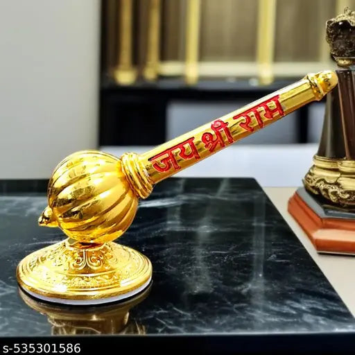 Lord Shree Hanuman Ji Big Gada with Jai Shree Ram Engraving Idol for Mandir Pooja Room Home & Office Decor, Bajrangbali Sankat Mochan God Idol for Car Dashboard (Golden - Metal Gada)
