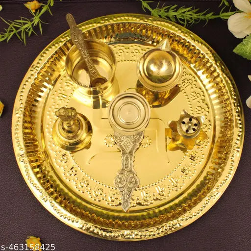 Putrika Brass Puja | Pooja Thali | Arati | Arathi | Arthi | Arti | Arathi | Bartan Thambulam Plate - Swastika ppset without lota