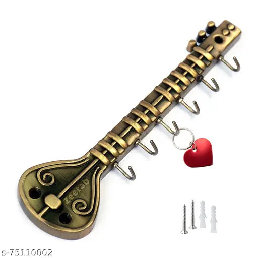 Zeetab Sitar Key Holder with 6 Hook | Veena Royal Brass Key Stand & Antique Guitar Wall Mount Metal Hanger for Music Lover | Home Decor Gift (20x6cm)