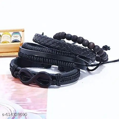 Premium Classical Vibe Men's Infinity Leather Bracelet Set | (4-in-1 Multilayer) Black Beaded & Braided Wristband Combo for Boys & Men | Stylish Biker Accessory