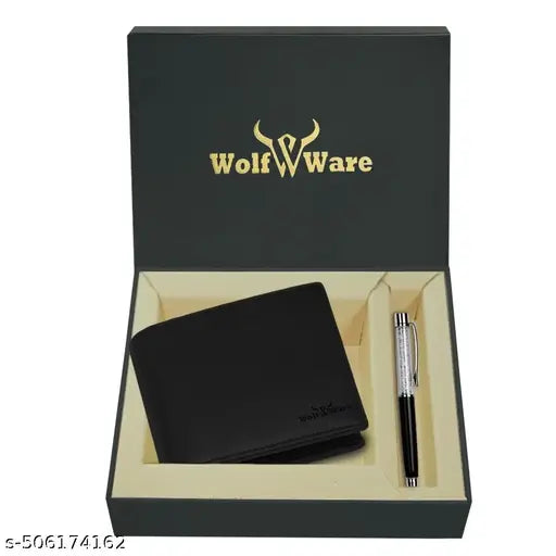 WOLFWARE RFID Protected 100% Genuine Leather Gift Hamper For Men | Leather Wallet For Men's | Wallets Branded | Wallets For Men (Lee-on Black) ,Leather wallet combo for men