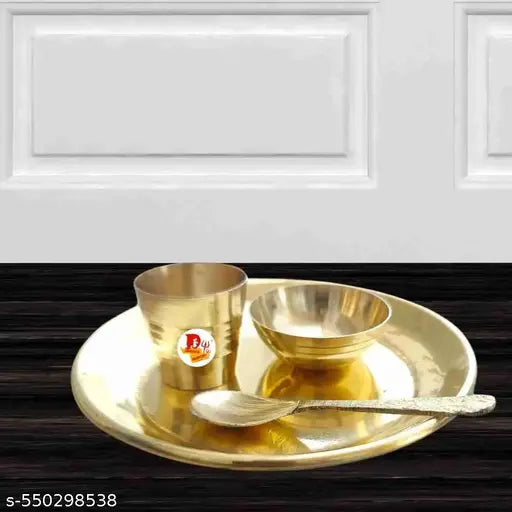 HARIDWAR TRENDS Kanha Ji Bhog Thali, Laddu Gopal Bhog Plate, Bhog Thali Set,  Bhog Thali Set with 1 Katori, 1 Glass, 1 Spoon, Pooja Plates Thali 4 Pcs Set (Size: 5 Inch)