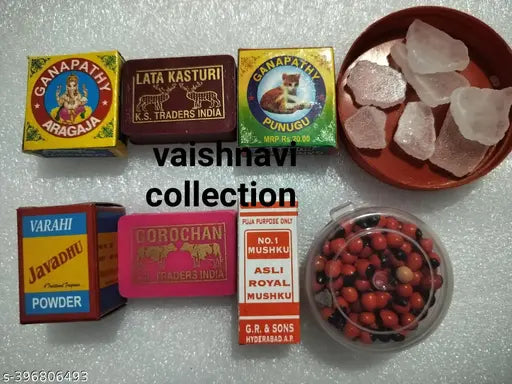 Pooja Samagri Kit – 8 Piece Set | Javadu, Punugu, Aragjha, Gunja Kasturi & Pacha Kapoor