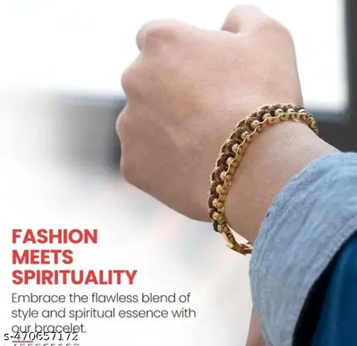 Woofh Gold Plated Metal Natural 5 Mukhi Rudraksha Designer Stylish Bracelet 6-7mm Original channel design for Men Women Buys Girls Unisex Spiritual Jewelry for Positive Energy and Healing