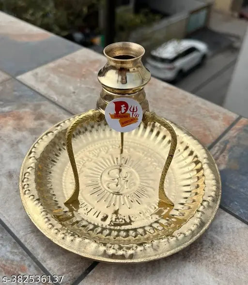 DARIDRA BHANJAN Brass Pooja Plate Thali with Shivling Stand and Abhishek Lota Kalash (Gold , Small) | Shivling Stand | Brass tripai-lota abhishek for shivling and shivji for milk and water abhishek in 100% brass,three stand with loti | Brass Lota for Puja
