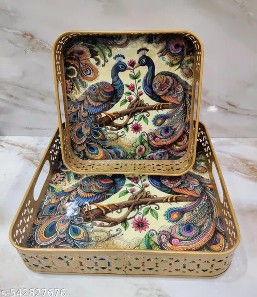 Handicrafted Metal trays || set of 2 || serving set, gifting purpose, meena trays, exclusive collection, combo offer