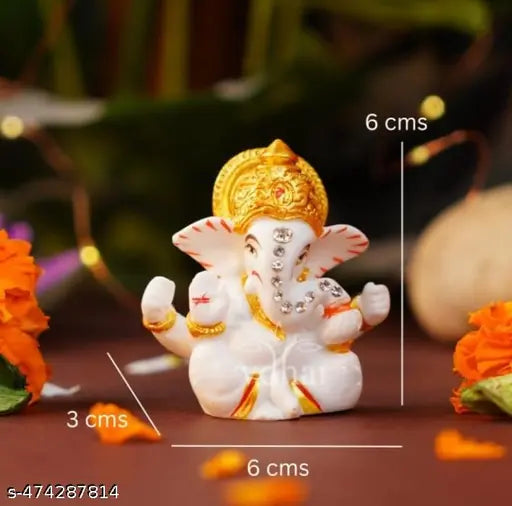 Ganesha Marble Diamond work Hand Crafted  Premium Idol Statue Showpiece for Car Dashboard Decoration Items for Home Decor Mandir Living Room Bedroom Pooja Room Office Table Decorative Gifts