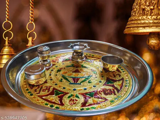 Pooja Thali Meenakari Stainless Steel 11 Inch | Traditional Decorative Puja Thali for Aarti Home Temple