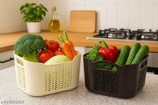 (Pack of 2) Plastic Storage Organizers Without Lid Strong Plastic Material & Side Grip for Home&Office Multipurpose Rectangular Shape Baskets For Fruits, Vegetables,Magazines,Cosmetics,Kitchen Tool (Brown)