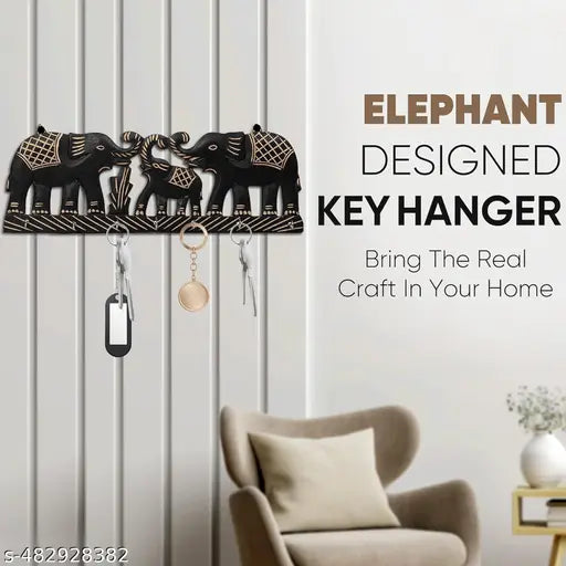 AS  ENTERPRISES Elephant Design Wooden Key Holder Decorative Wall Decor Key Holder for Home MDF Wood Key Chain Holder with 7 Hooks (Pack of 1)