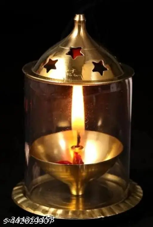 DARIDRA BHANJAN Akhand Diya Decorative Brass & Glass Oil Lamp Tea Light Holder Lantern , Cylinder Shaped Diya Lantern (Gold and White)