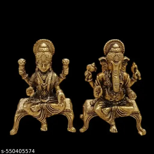 SJL Wax Casting Brass Lakshmi Gaanesh Idol for Tample,Home,Office & Car Dashboard Decorative Showpiece - 5 cm (Brass, Gold)